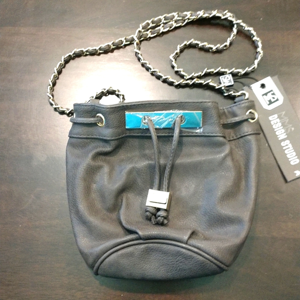 Leather Look Small Shoulder Bag with Gold Details.